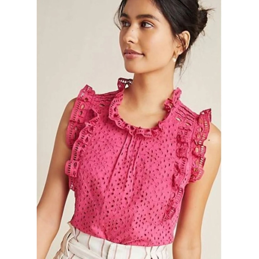 MAEVE Anthropologie Tilly Eyelet Sleeveless High Ruffle Neck Top Raspberry Sz 4